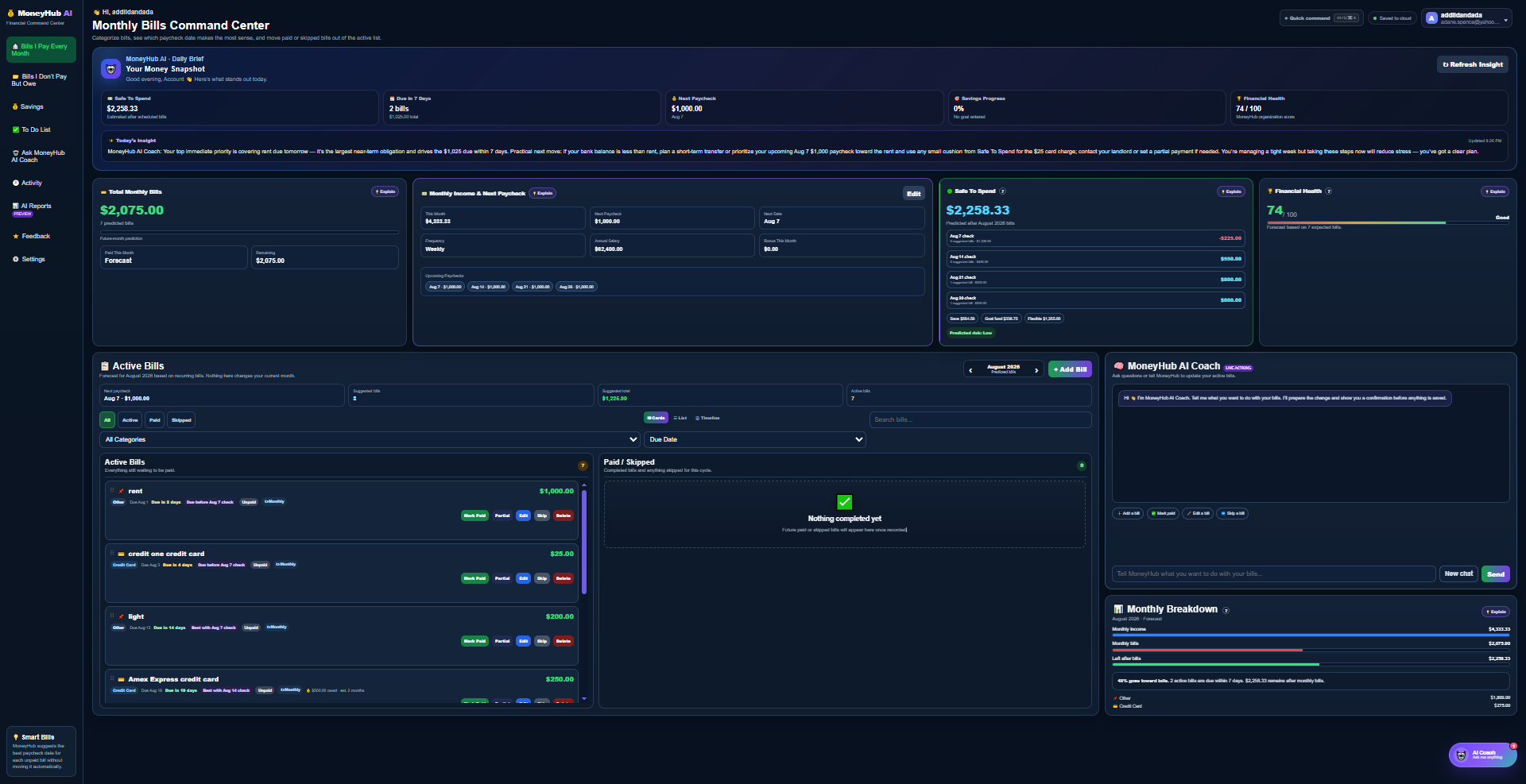 Money Plan AI Monthly Bills Command Center dashboard